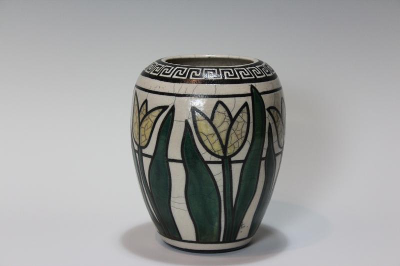 Golden Tulips Art Deco White Crackle Vase with Greek Key Rim