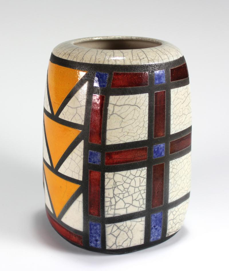 Orange Triangles Arts and Crafts Raku Vase