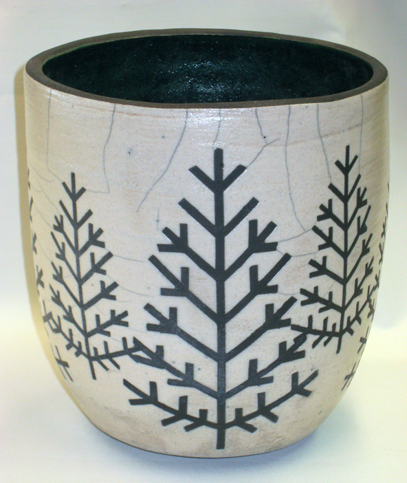Arts and Crafts Design Pointed Firs on Raku Fired Vase RV 410