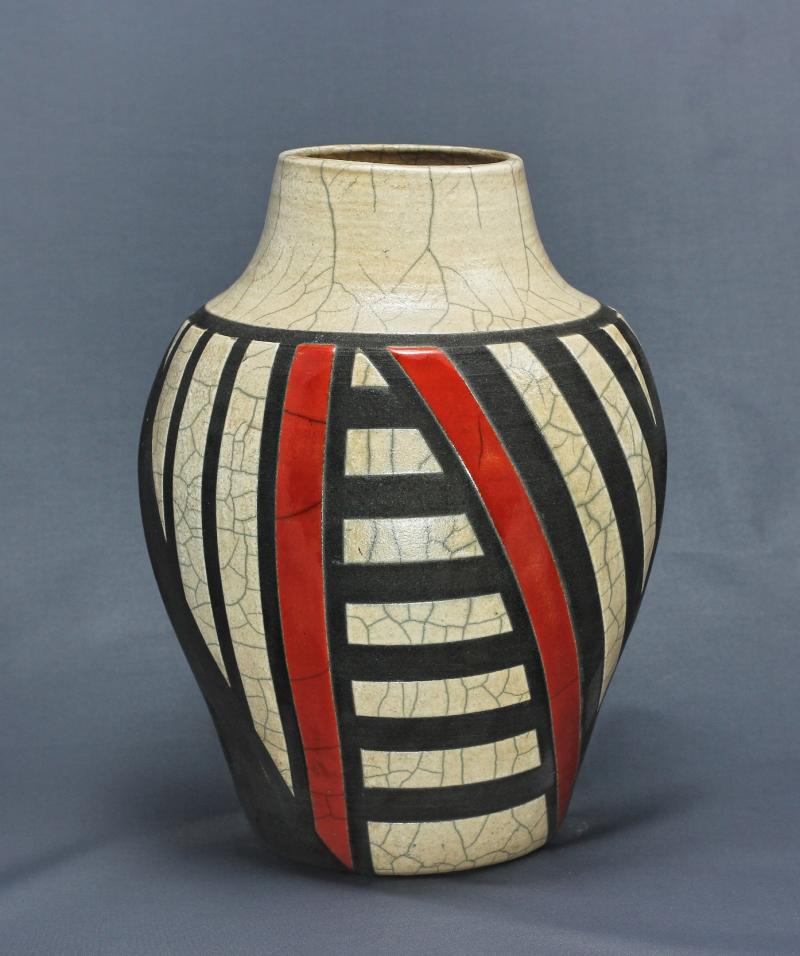 Black/White/Red Art Deco Raku Vase